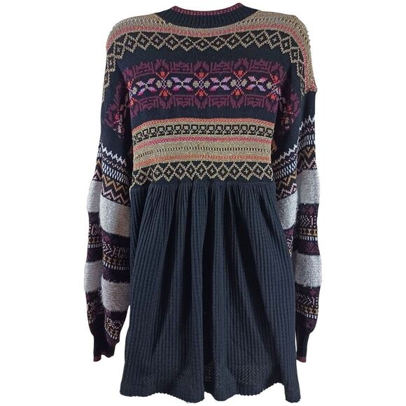 NWT Free People S Cabin Fever Zip Sweater Black Metallic Fair Isle Boho Thermal - Picture 7 of 12